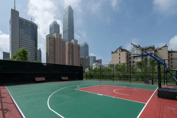 Basketball half-court with panoramic views